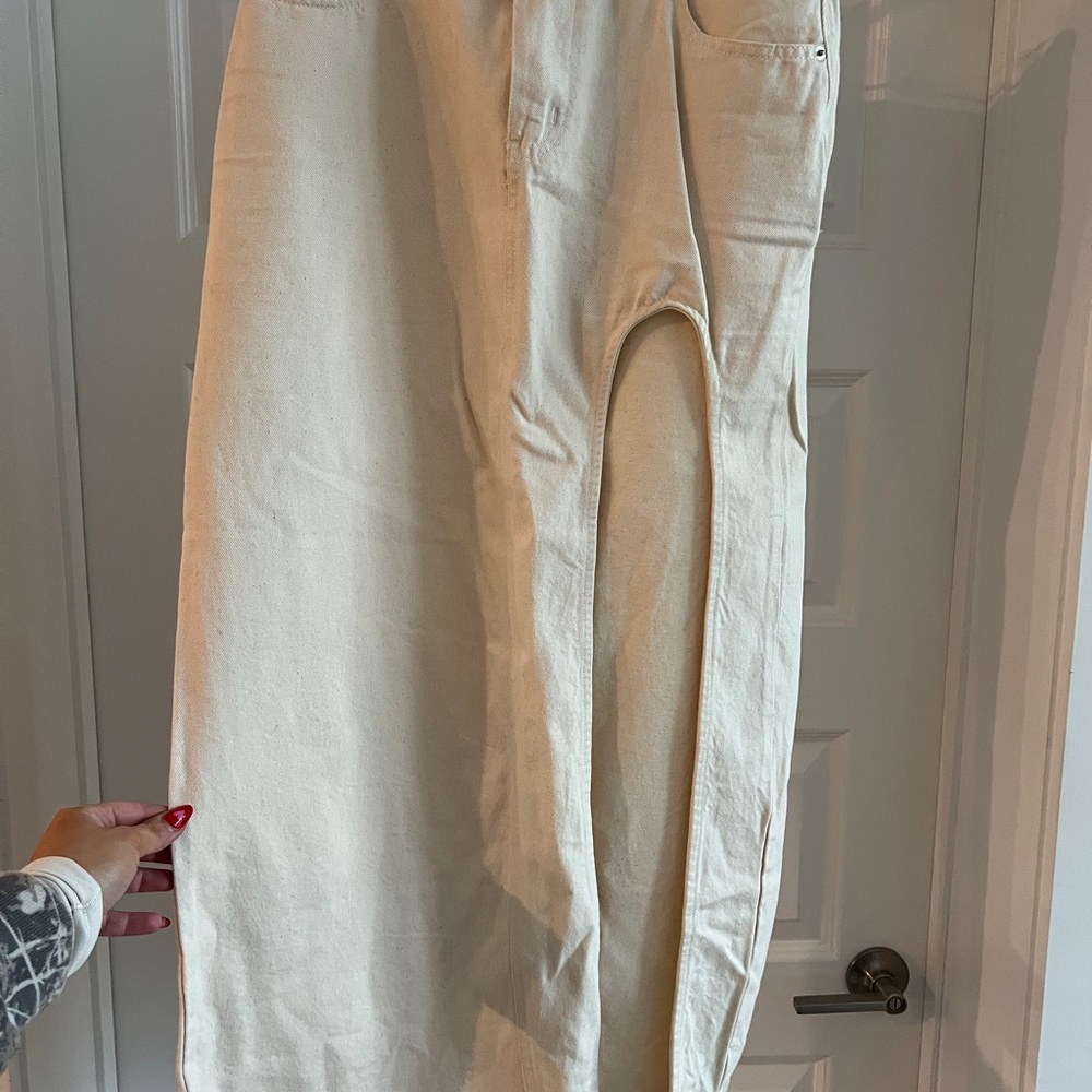 Blush Cream High-Waisted Denim Midi Skirt with curved hem slit, size large